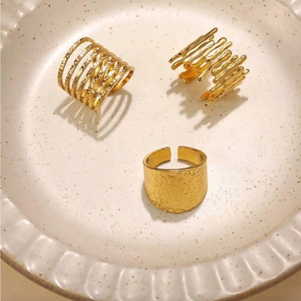 Gold Textured Stainless Steel Cuff Adjustable Ring Set